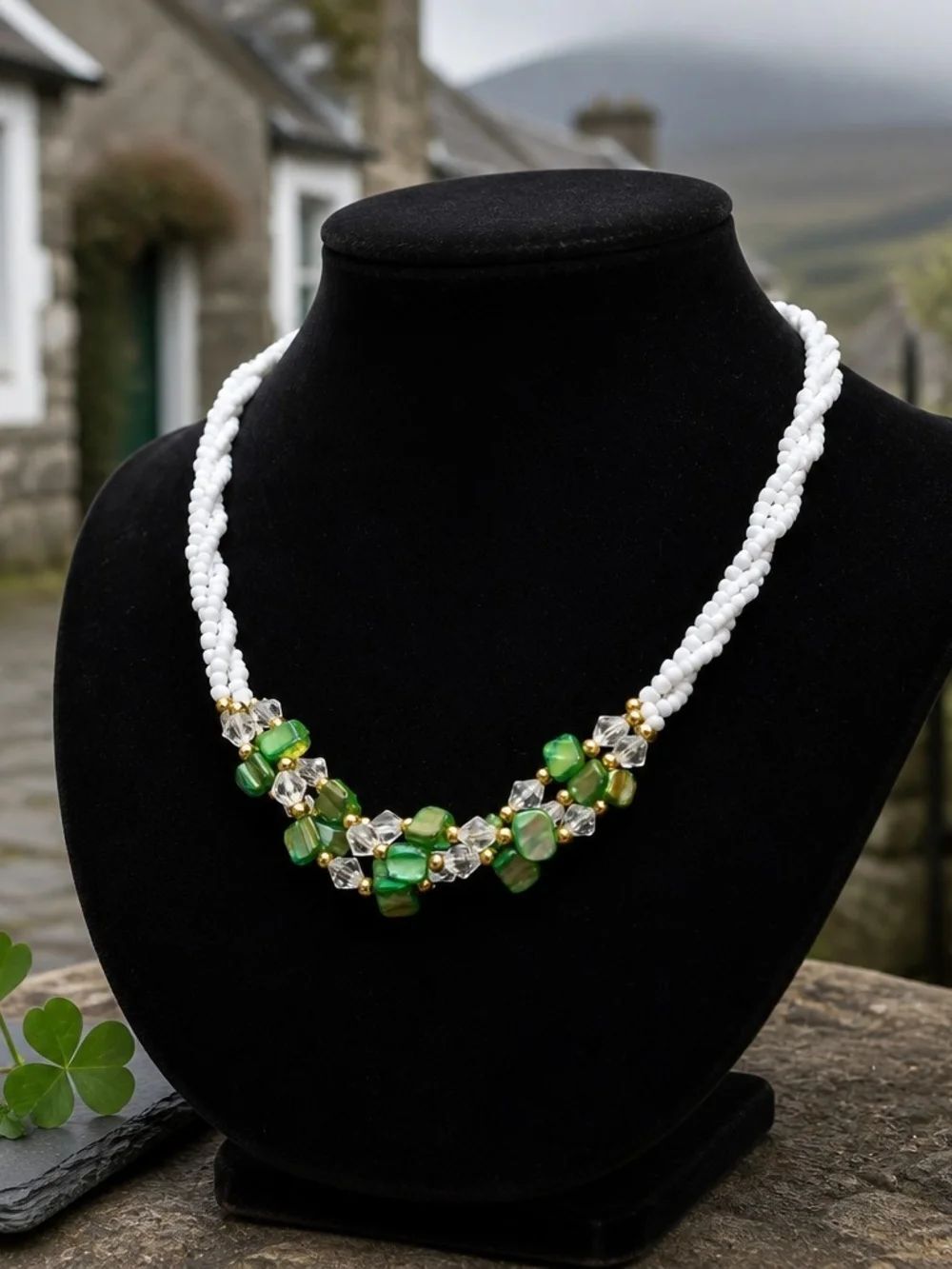 Handcrafted Green Bead Cluster Necklace - White Strand